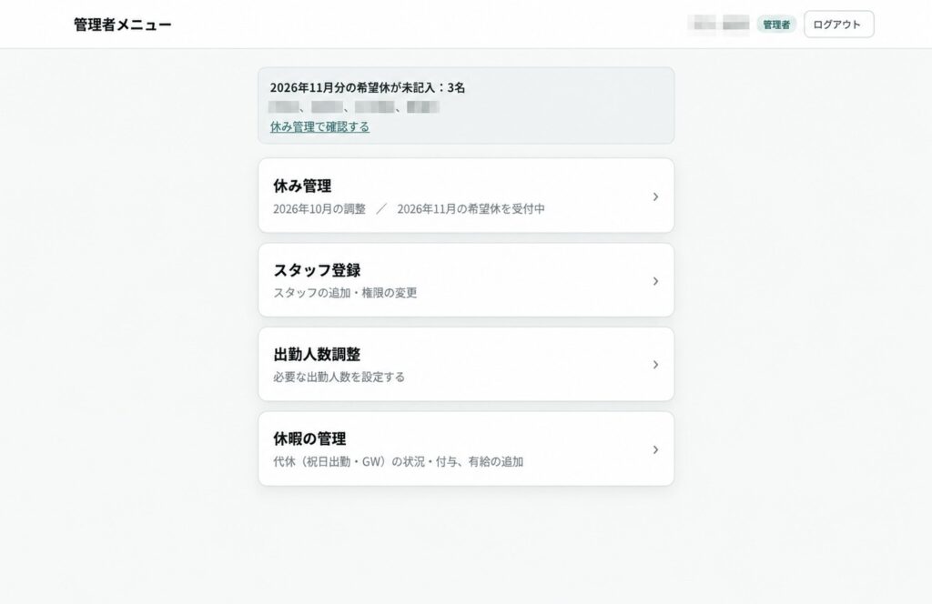 シフト管理サイトの管理者メニュー画面